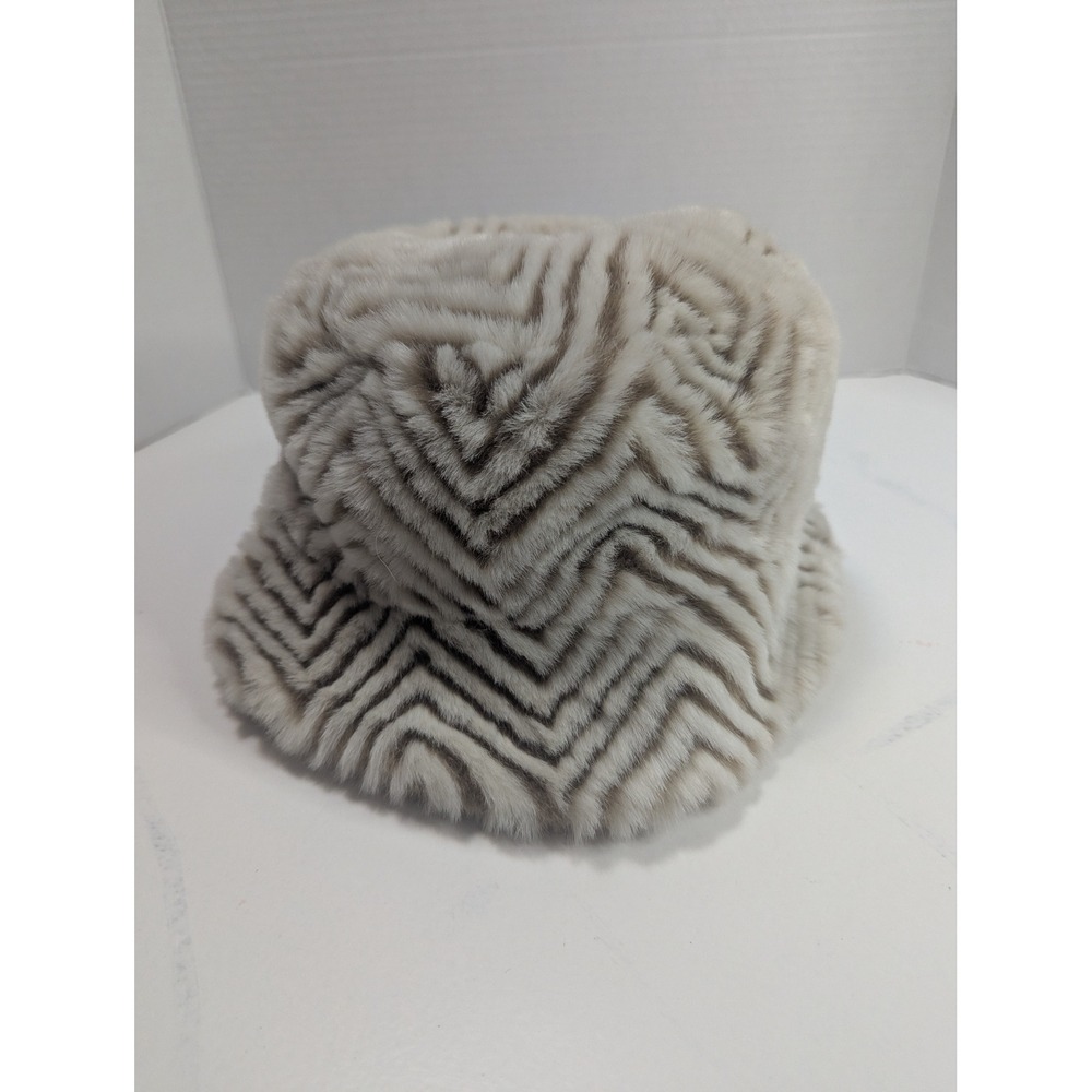 Ben Berger Luxury Collection Faux Fur Bucket Hat Chevron Cream Taupe Vintage